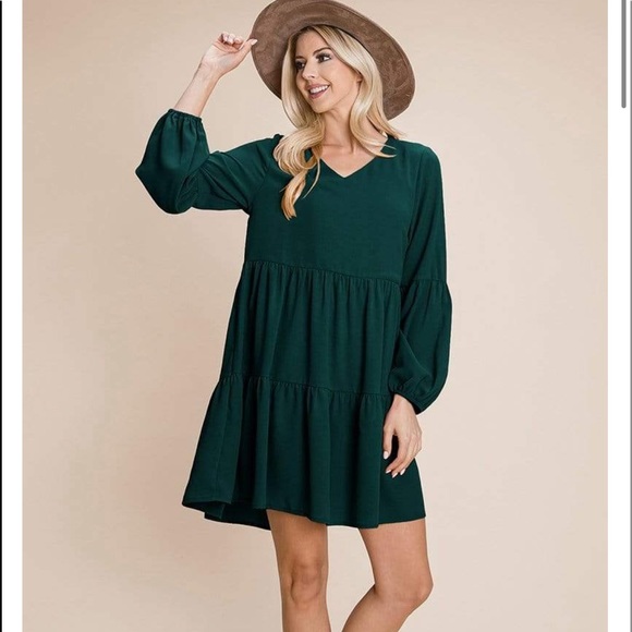 Dresses & Skirts - V Neck Loose Swing Shift Pleated long sleeve Dresses Green